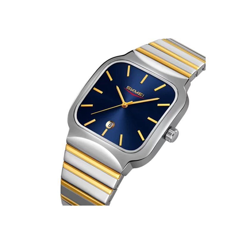 Skmei 9361 Square Quartz Watch for Men- Silver Gold & Blue