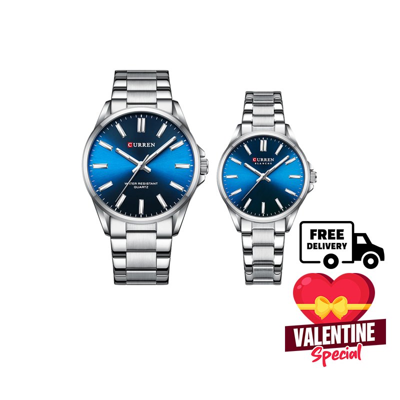 Curren 9090 Couple Quartz Stainless Steel Analog Watch (Silver Blue)
