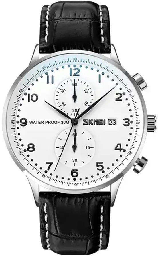 SKMEI 9301 Casual Leather Strap Date Men’s Watch – Black Silver