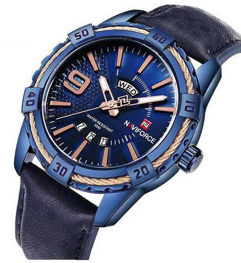 Naviforce NF9117 Black PU Leather Analog Watch for Men – Royal Blue & Black