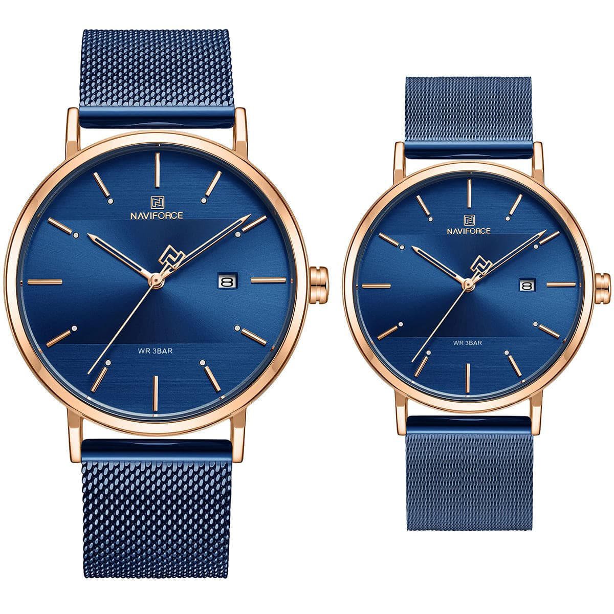NAVIFORCE NF3008 Royal Blue Mesh Stainless Steel Analog Watch for Couple – Rose Gold & Royal Blue
